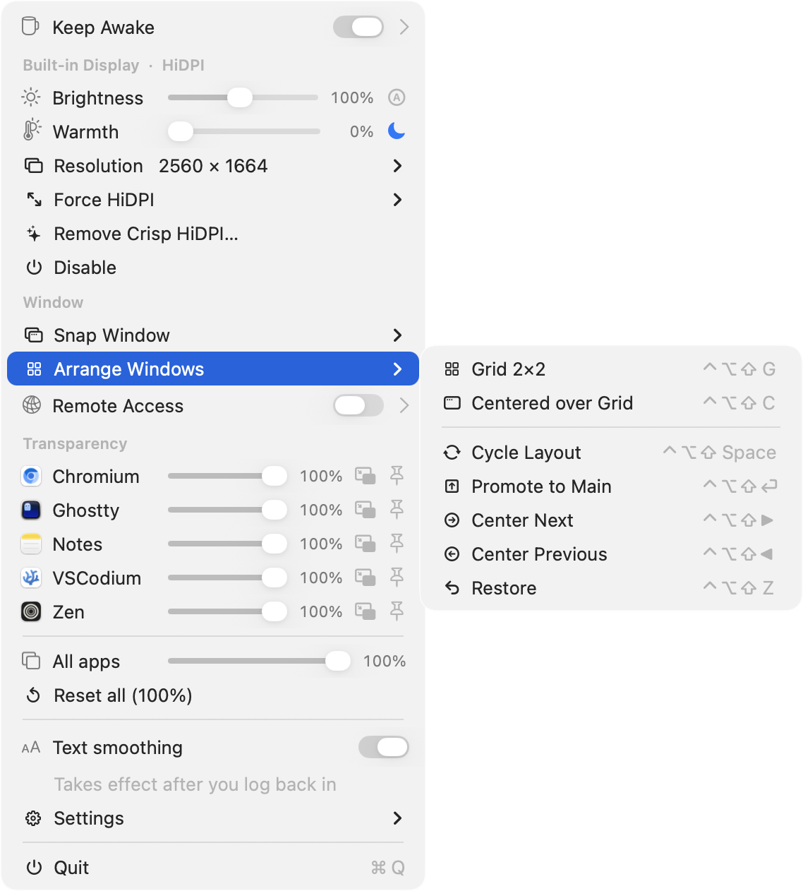 Arrange Windows submenu - Grid 2×2, Centered over Grid, Cycle Layout, Promote to Main, Center Next/Previous, and Restore, each with a ⌃⌥⇧ shortcut