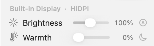 Built-in display brightness and warmth sliders, each at 100%, with an auto-brightness toggle and a moon auto-night-warmth toggle