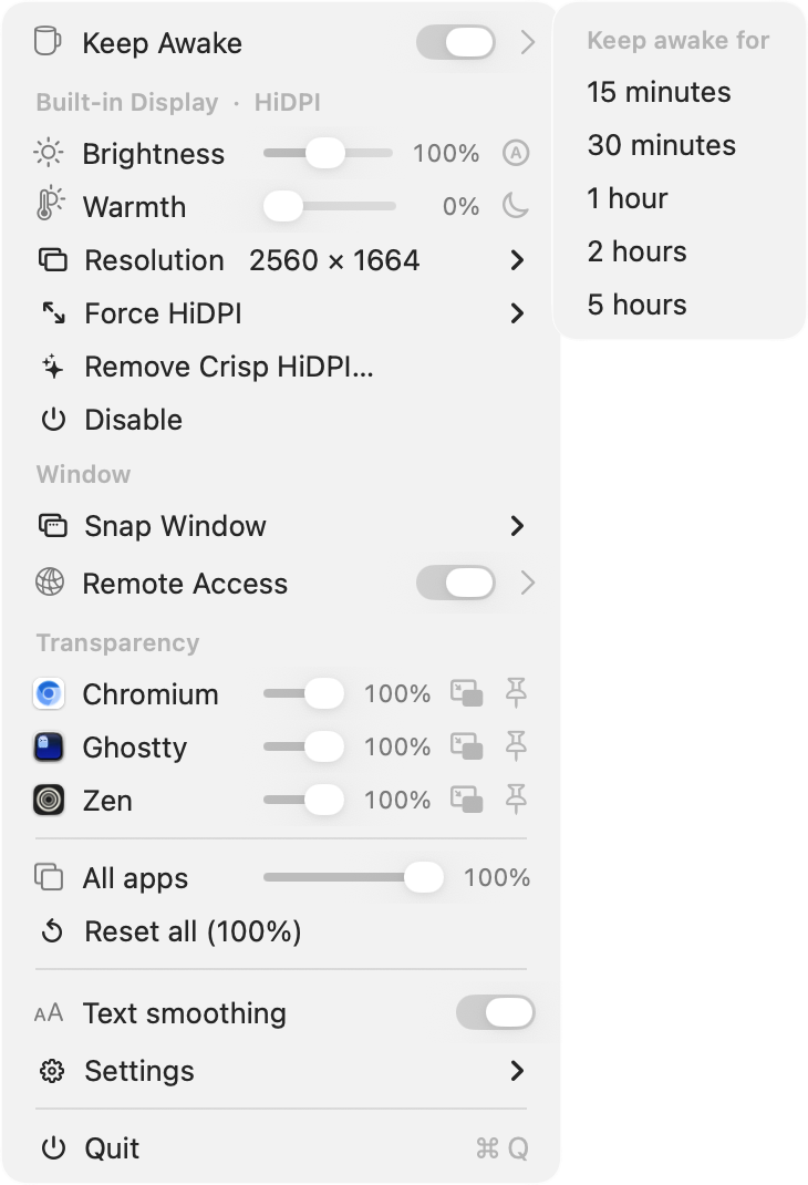 Keep Awake submenu with a toggle and timed durations from 15 minutes to 5 hours