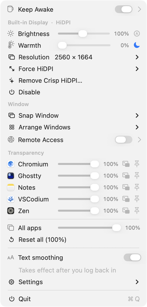 DisplayDeck menu - brightness and warmth sliders, window snapping, and per-app transparency controls