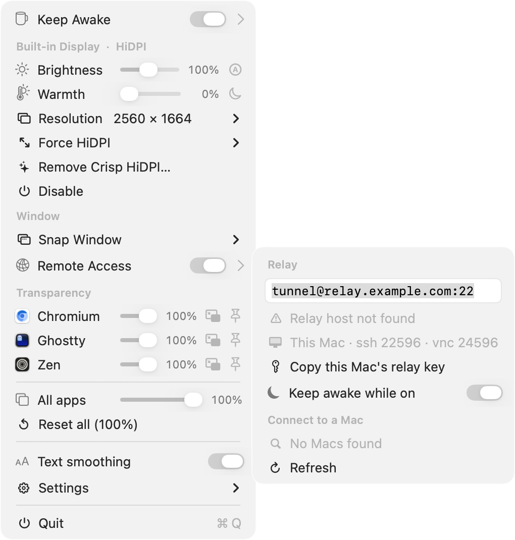 Remote Access submenu - relay field, connection status, this Mac's ports, and discovered Macs with live status