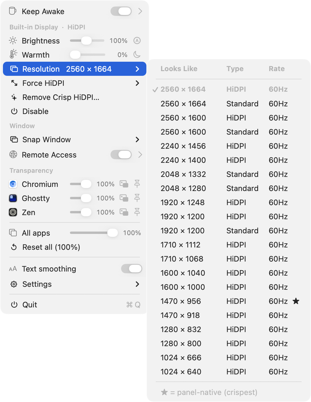 Curated resolution picker with looks-like sizes, HiDPI/Standard type, refresh rate, and a star marking the panel-native mode