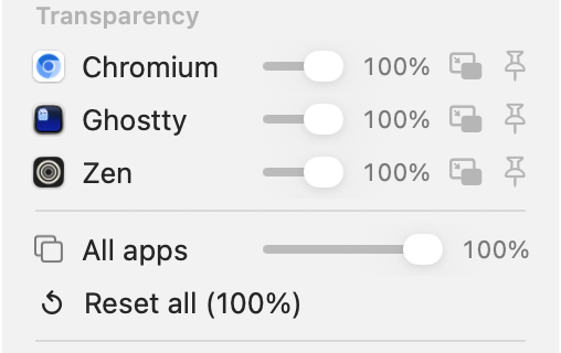 Per-app transparency rows - an opacity slider, a picture-in-picture button and a keep-on-top pin for each app, plus an all-apps slider and reset